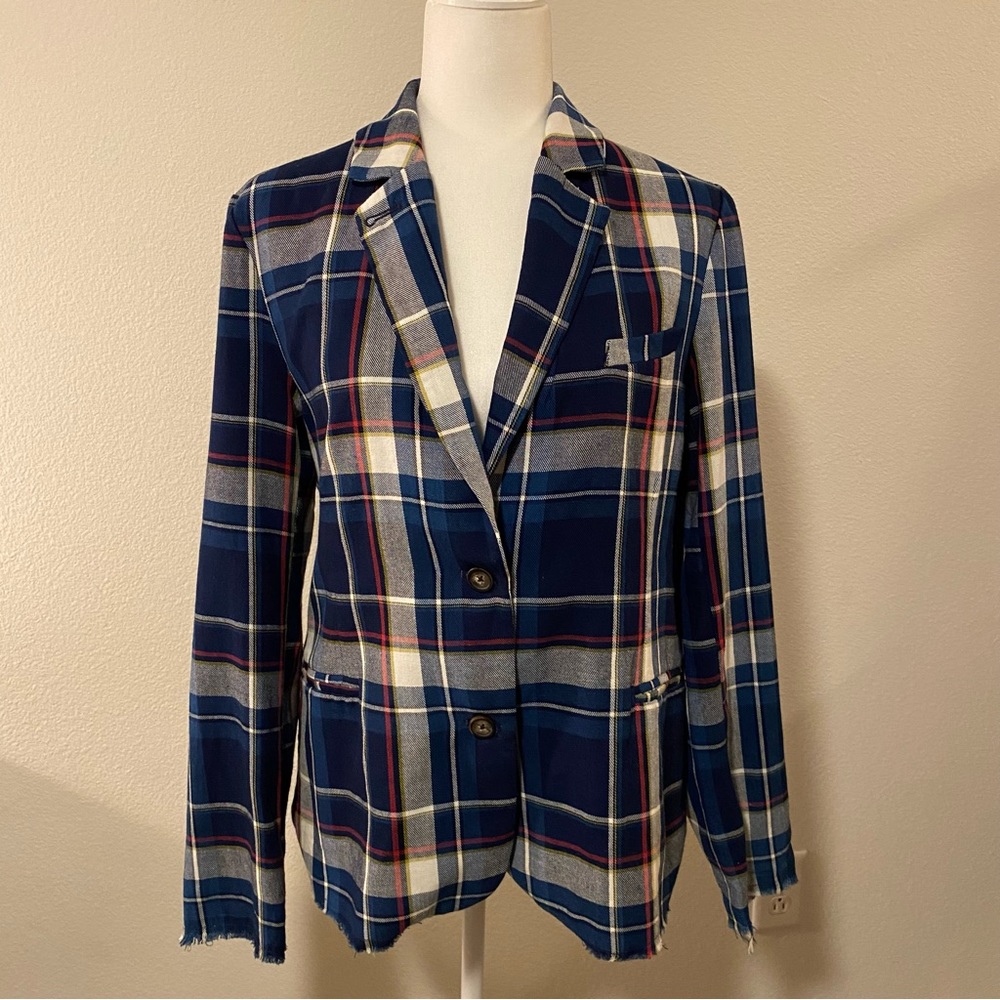 Current Air Anthropologie Blue Plaid Elbow Patch Blazer